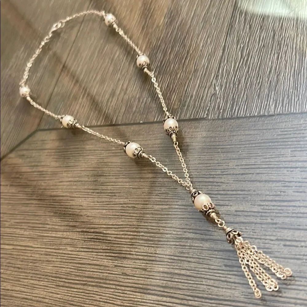 Vintage 925 Sterling Silver Real Pearl & Tassel Chain Necklace 16 1/2”